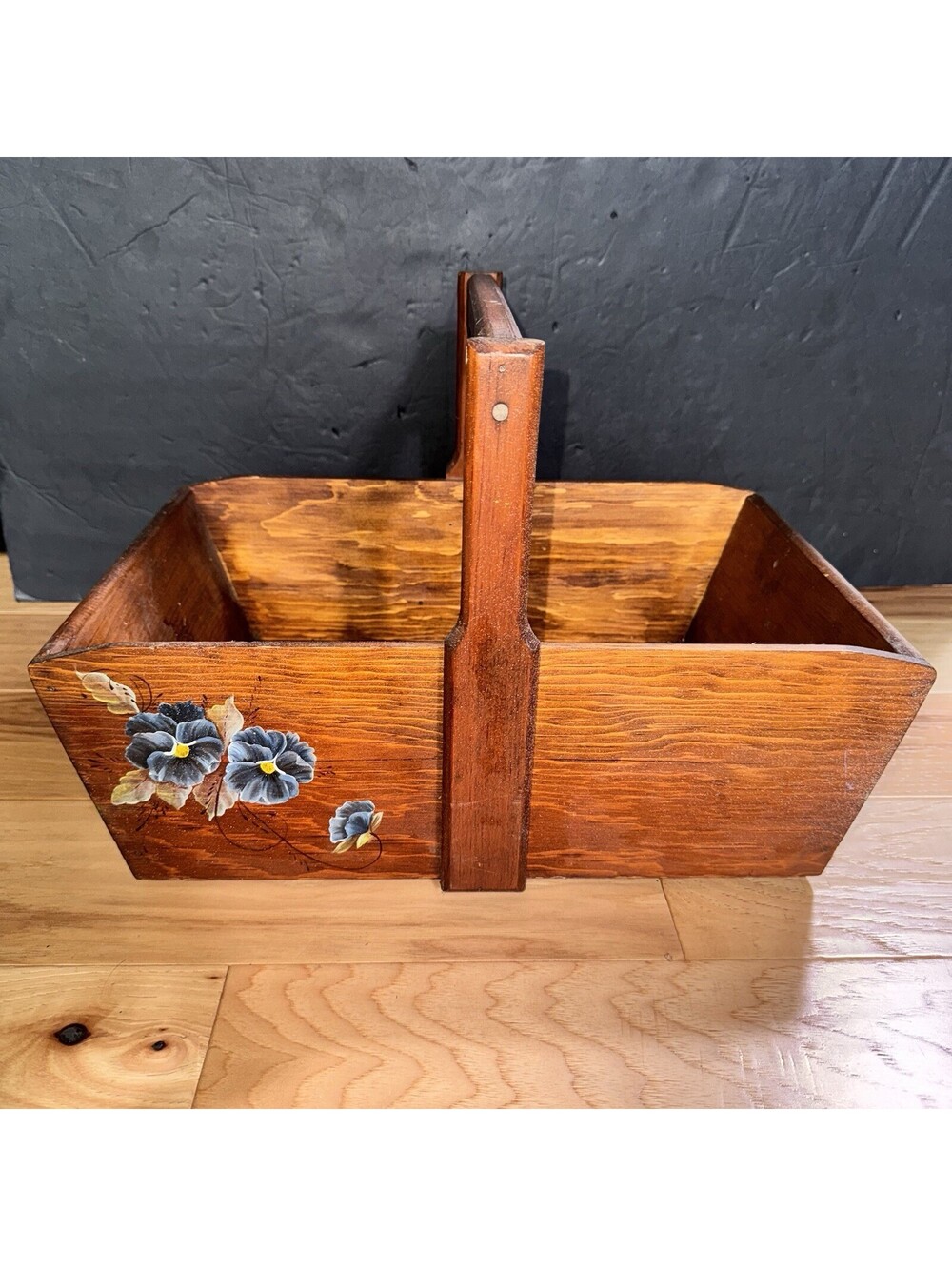 Old Hand Painted Wooden Tote Basket Floral Pansy Design Farmhouse Decor Rustic